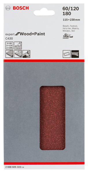 Schleifblatt C430, 115 x 230 mm, 4 x 60, 4 x 120, 2 x 180, 14 Löcher, 10er-Pack