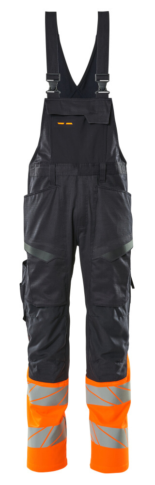 Latzhose, Knietaschen, Stretch-Einsätze Latzhose Größe 76C46, schwarzblau/hi-vis orange