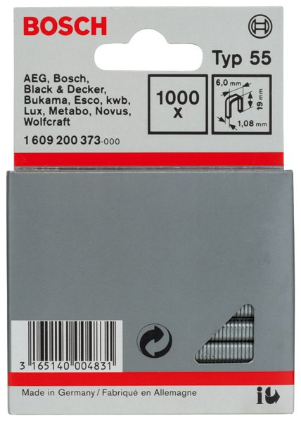Schmalrückenklammer Typ 55, 6 x 1,08 x 19 mm, 1000er-Pack