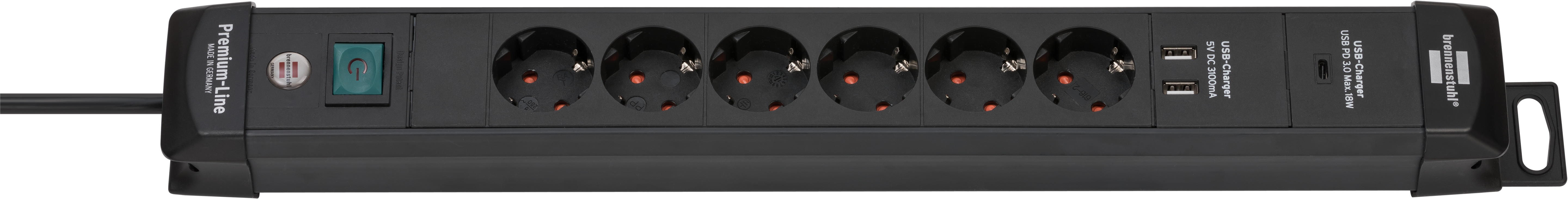 Premium-Line Steckdosenleiste mit USB C Power Delivery 6-fach schwarz 3m H05VV-F 3G1,5