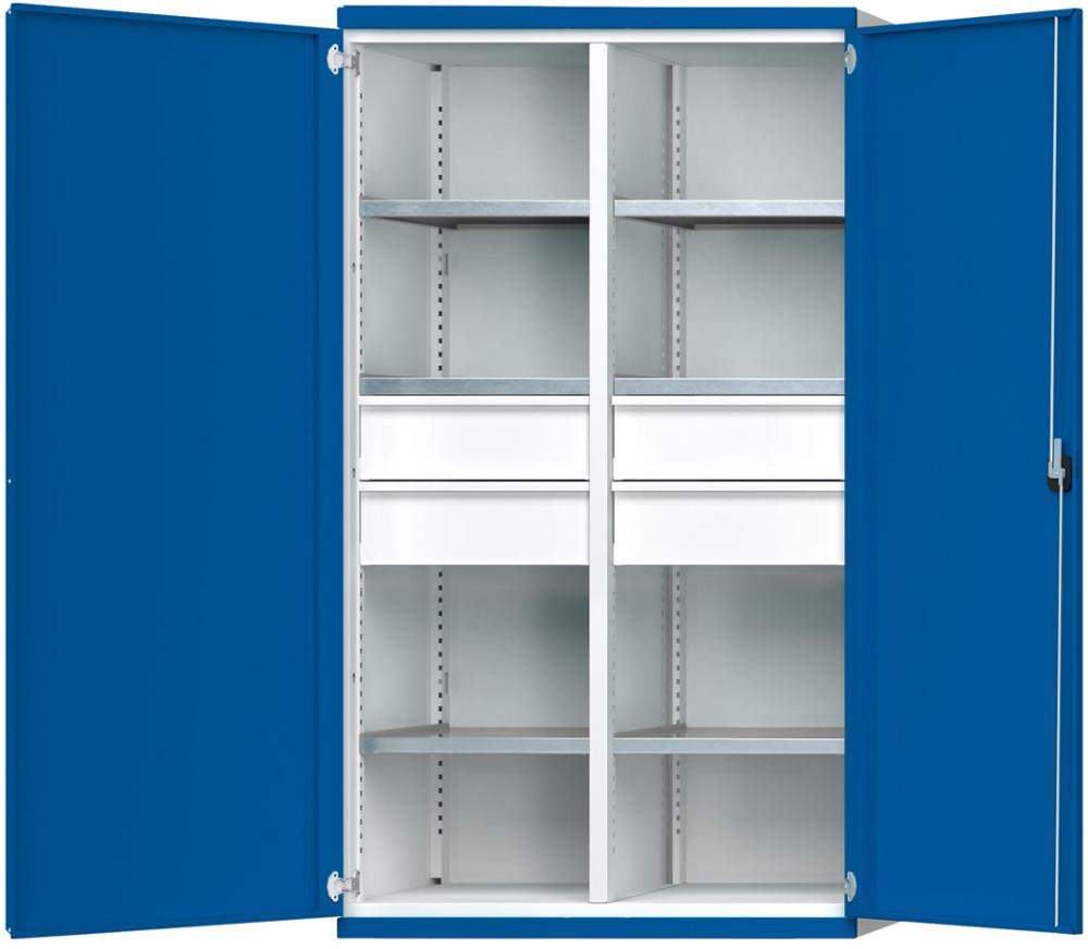 Schwerlastschrank B1085xT630xH1950mm RAL7035/5010 m.Mittelwand6Böden,4Schubladen 100kg