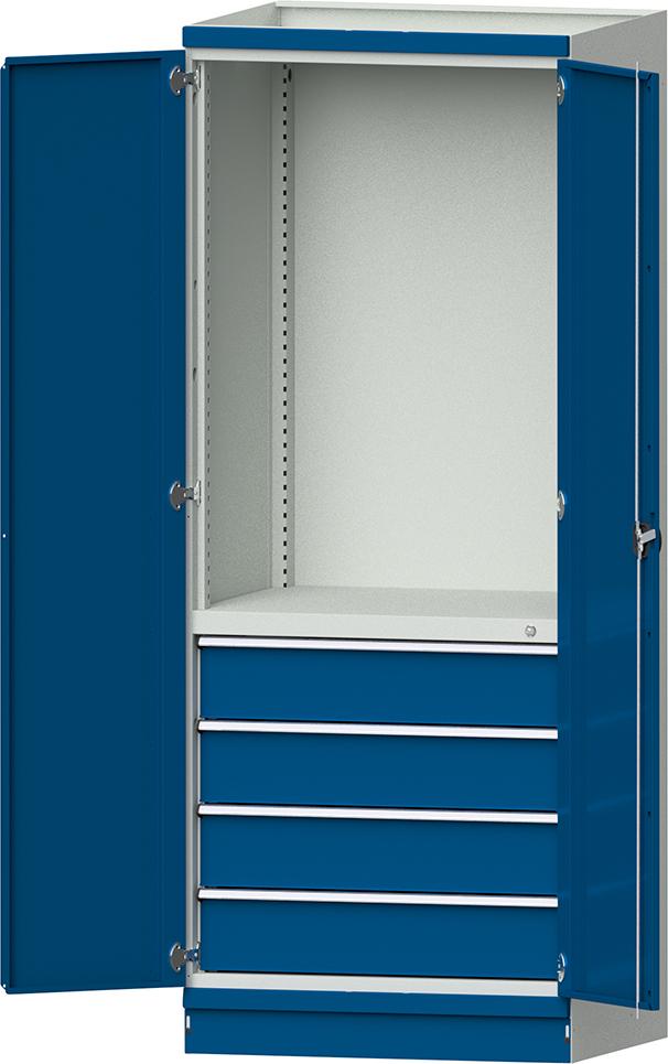 Modulschrank Modell 2409 B865xT720xH2200mm RAL 7035/5010 mit Türen 4 Schubladen