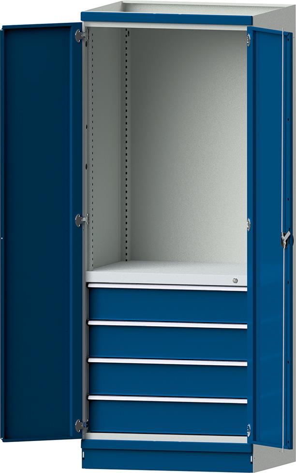 Modulschrank Modell 2409 B865xT720xH2200mm RAL 7035/5010 mit Türen 4 Schubladen