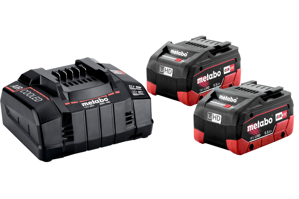 Akku-Starter Set LiHD 18,0 V 2 x 5,5 Ah Metabo Ladegerät ASC 145 metaBOX
