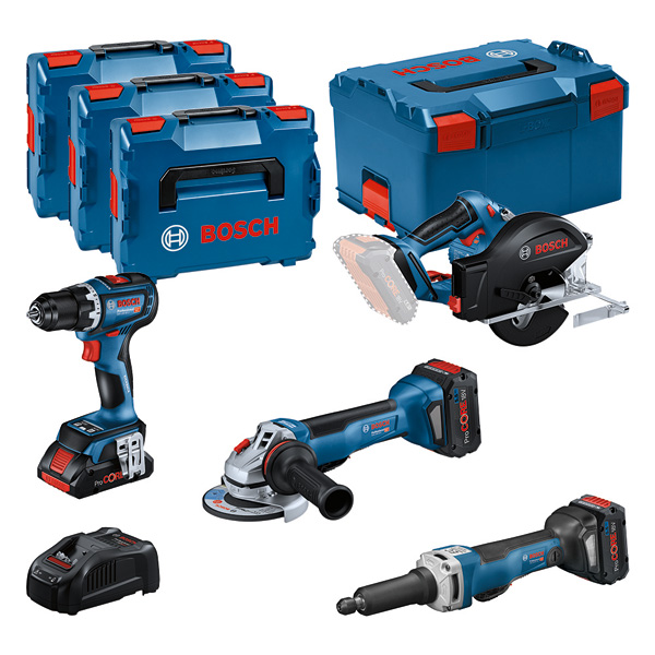 Combo Kit Set mit 4 18V-Werkzeugen: GSR, GWS, GKM, GGS, 3 x Akku