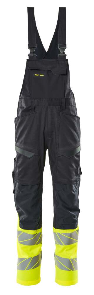 Latzhose, Knietaschen, Stretch-Einsätze Latzhose Größe 76C46, schwarzblau/hi-vis gelb