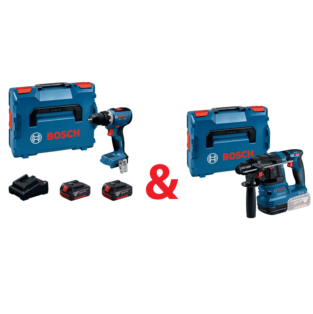 Set: Bosch Akku-Bohrschrauber GSR 18V-65 + 2x Bosch Akku GBA 18V 5,0 Ah + Akku-Borhammer GBH 18V-22
