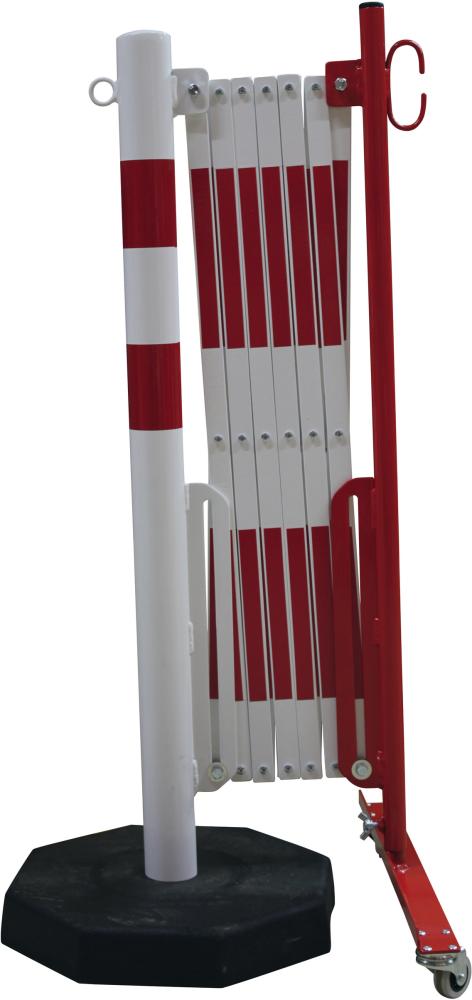 DANCOP Scherengitter mit Sperrpfosten ø 60mm und mobiler Platte Länge bis 3600mm rot/weiß