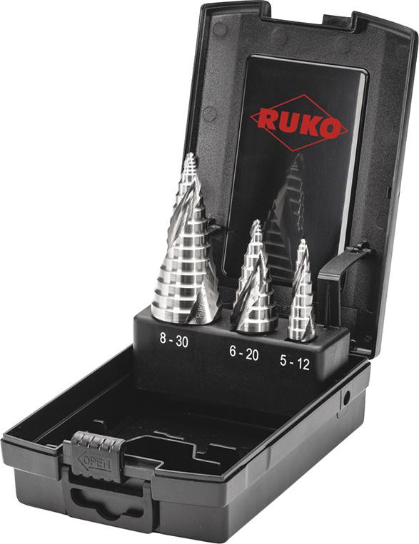 RUKO Stufenbohrer-Satz Werksnorm HSS 3-teilig inRosebox FLOWSTEP