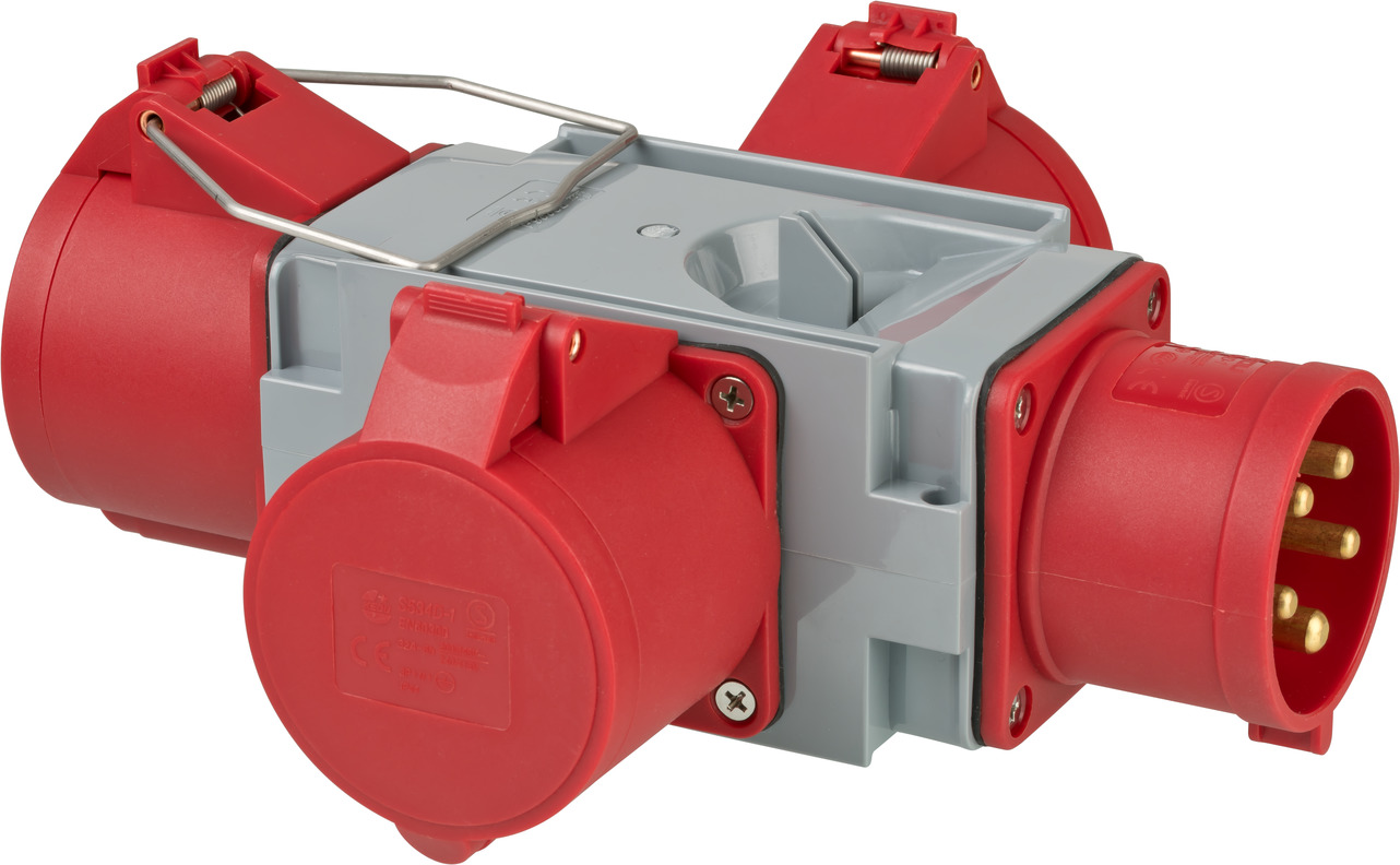 Kreuzverteiler CEE400V/32A 3fach Stecker CEE + 3x Steckdosen CEE
